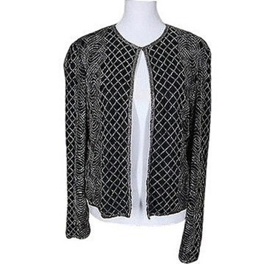 Papell Boutique Evening Womens Jacket S Black Silver Beaded Silk Formal Bolero
